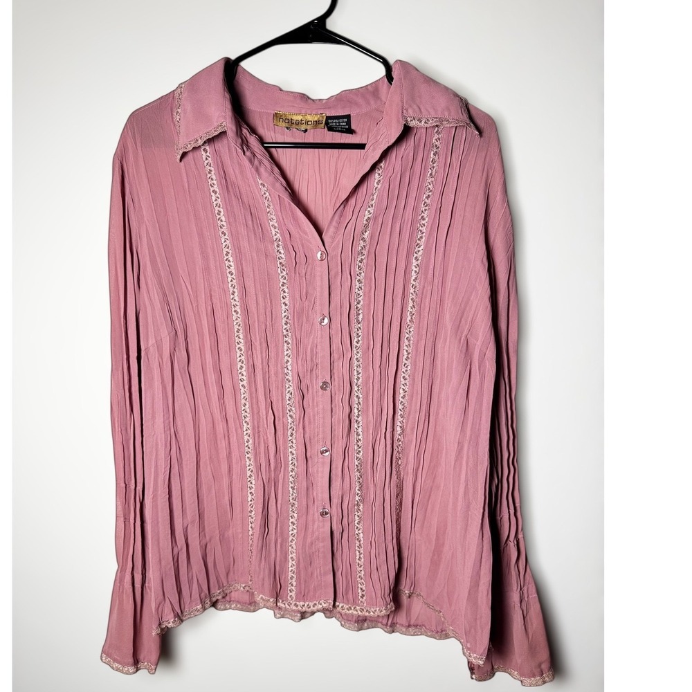 Notations VTG y2k Pink Pleated Long Sleeve Button‎ Up Shirt Women's Preppy